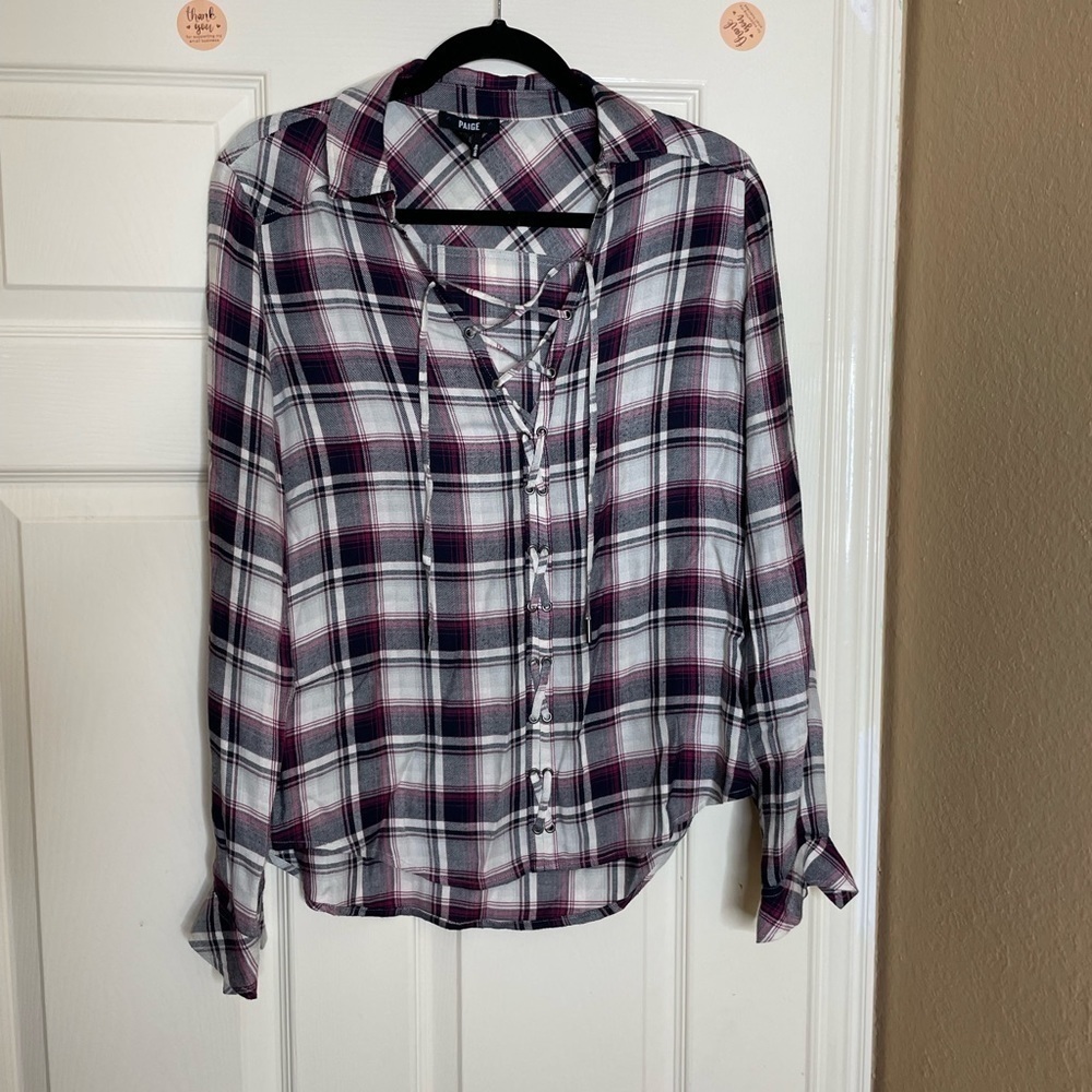 PAIGE Women's Button Up Tie Front Kieran Top Blouse Plaid Gray/Red Size Small   - Picture 11 of 13